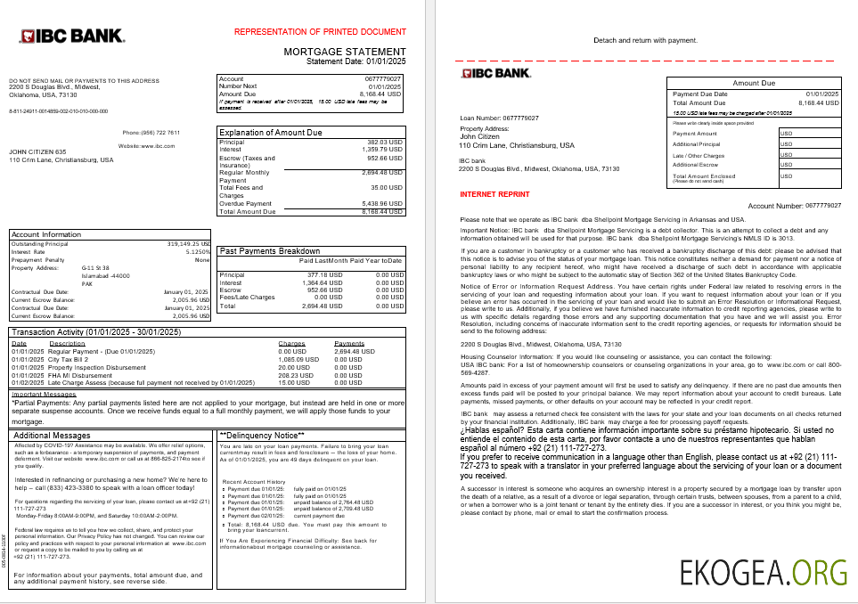 Relevé hypothécaire de la banque USA IBC aux formats Word et PDF, 3 pages 1 , 2